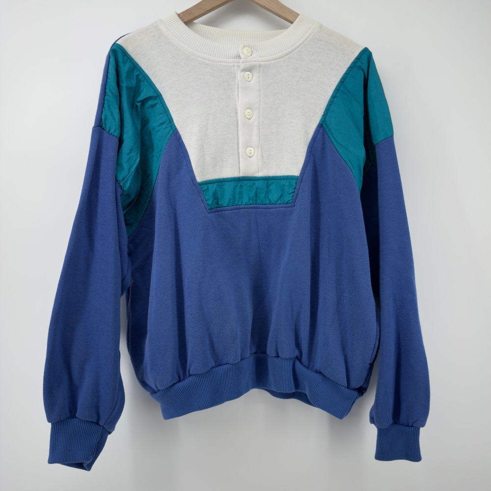 Vintage Vizor Color Block 1/4 Button Pullover Sweatshirt Blue Women XL Pockets‎